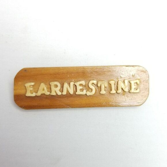 Vintage Earnestine Name Spell Out Wooden Handmade Brooch, Rectangle Shape - Picture 2 of 6